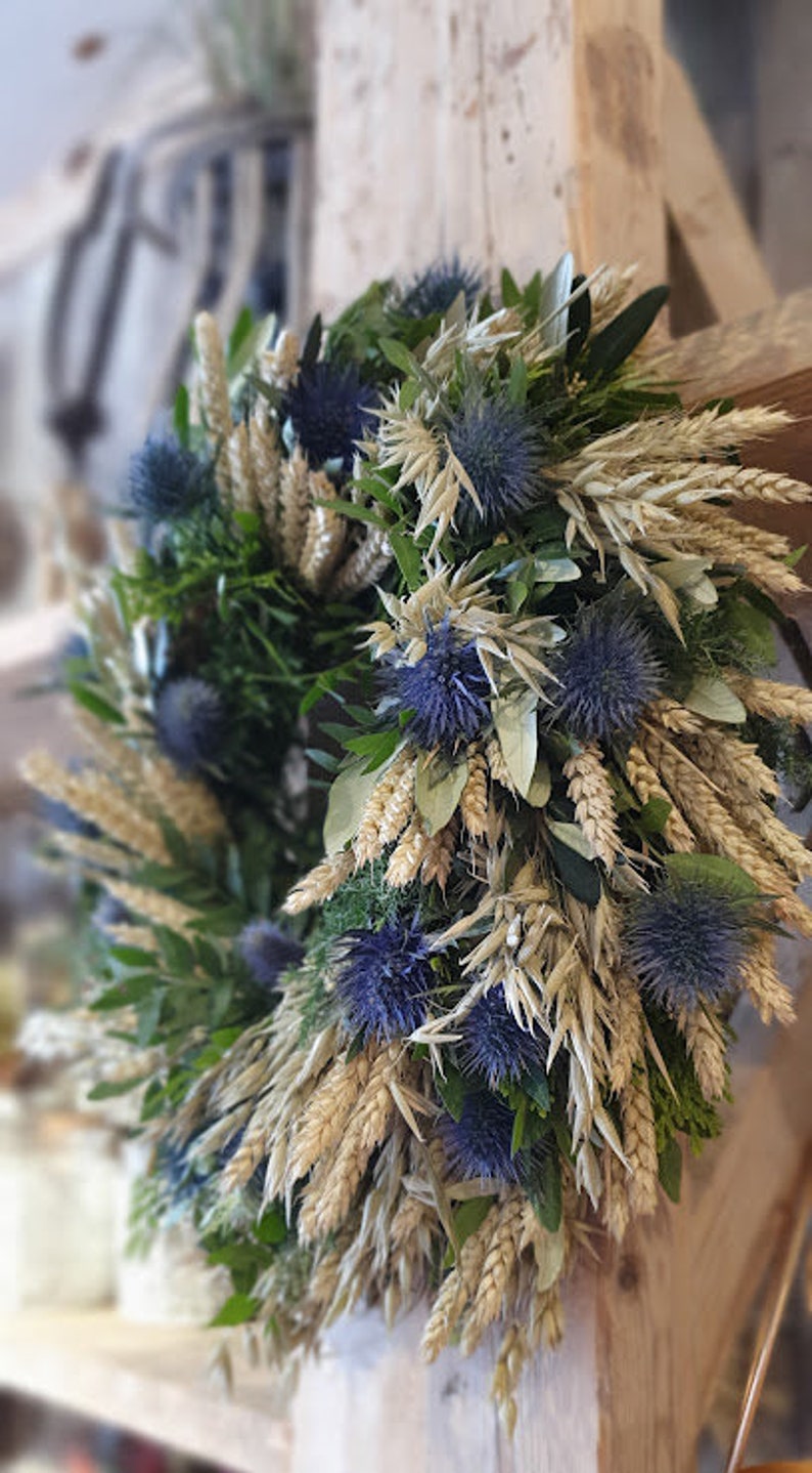 Door wreath DISTEL-LIEBE W., blue thistles with wheat and oats, grain, olive green, pure nature image 7