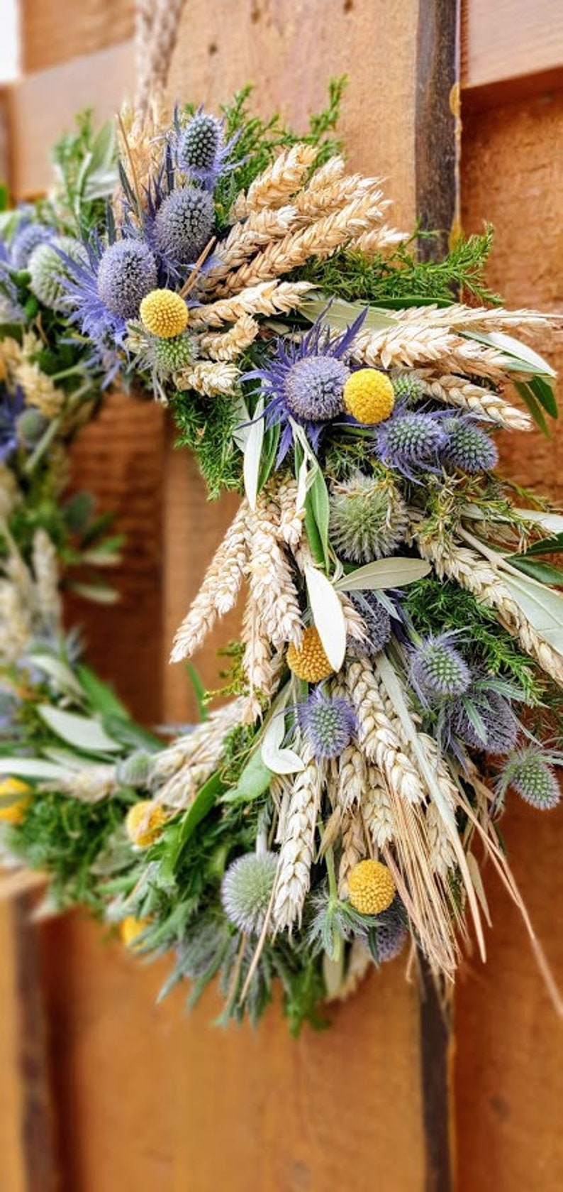 Türkranz DISTEL-LIEBE mit Craspedia Trommelschläger, Trockenkranz, Türdeko, Tischkranz, Natur pur Bild 6