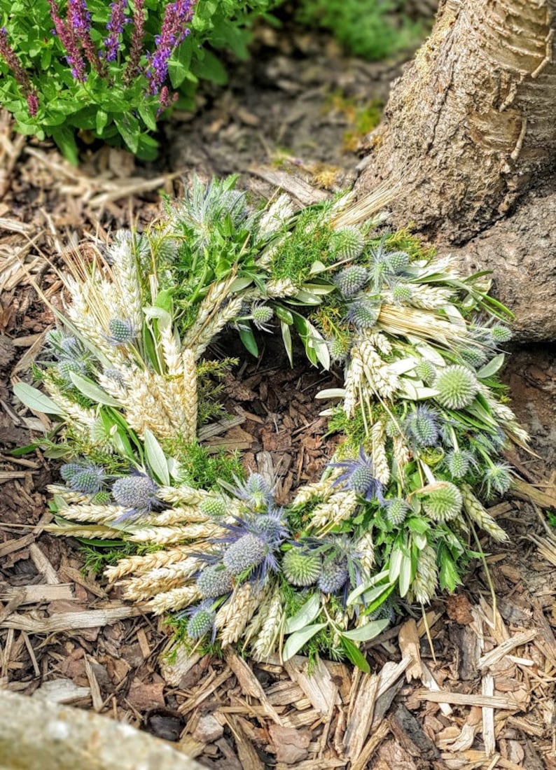 Türkranz DISTEL-LIEBE W., blaue Disteln mit Weizen und Hafer, Getreide, Olivengrün, Natur pur Bild 3