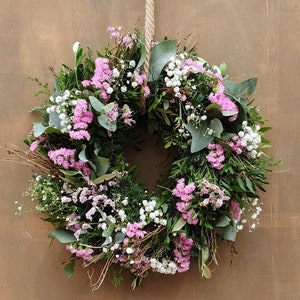 Door wreath "pink-green-HARMONY" fresh natural wreath with euca, boxwood, euphorbia, sea lavender, gypsophila