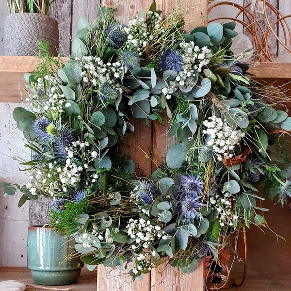 Door wreath "Blue Lagoon", summer wreath, table decoration, fresh wreath with blue thistles and eucalyptus, door decoration