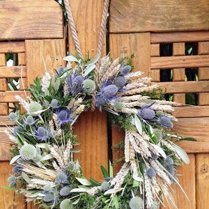 Door wreath DISTEL-LIEBE W., blue thistles with wheat and oats, grain, olive green, pure nature image 6