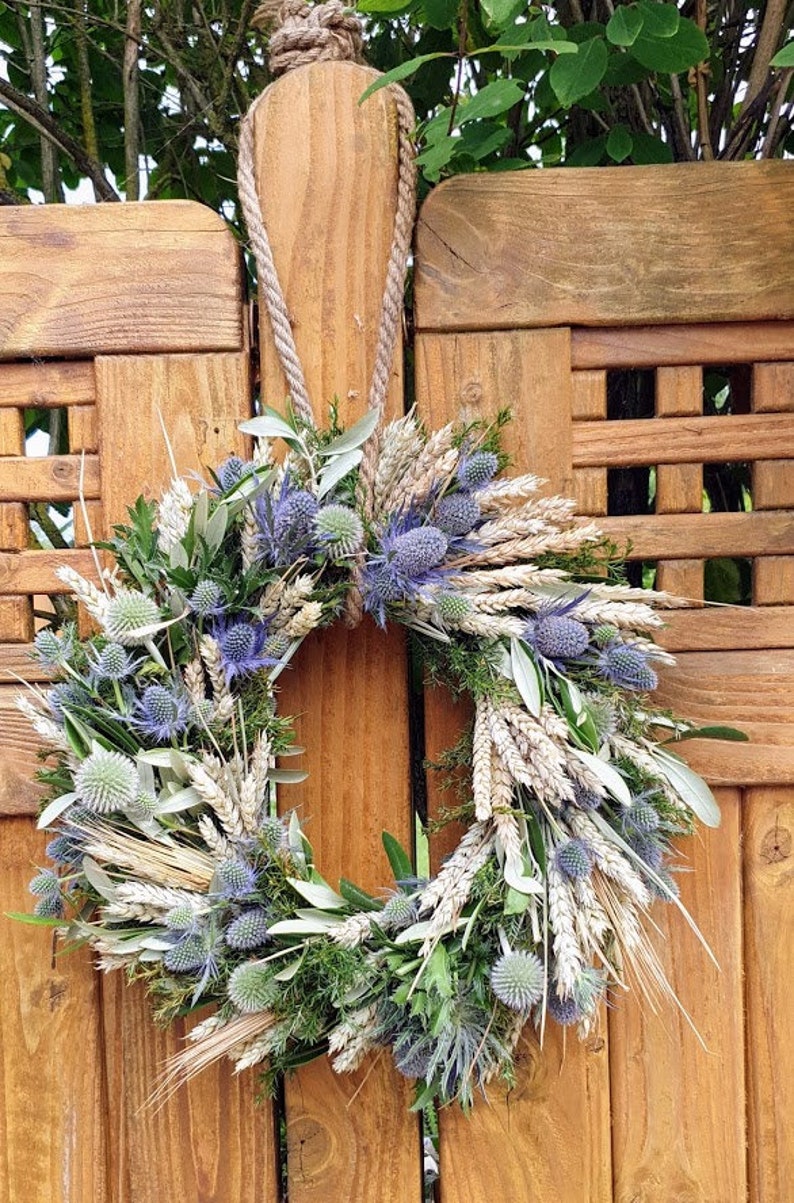 Door wreath DISTEL-LIEBE W., blue thistles with wheat and oats, grain, olive green, pure nature image 6