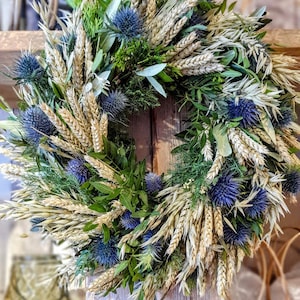 Door wreath DISTEL-LIEBE W., blue thistles with wheat and oats, grain, olive green, pure nature image 8