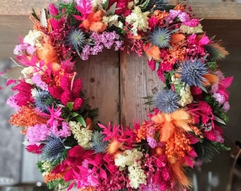 Couronne sèche, couronne de porte « KOLIBRI » couronne sèche colorée