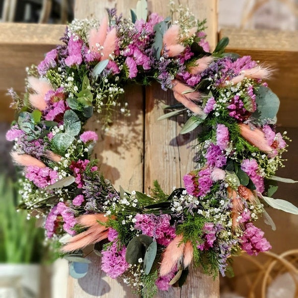 Door wreath elf wreath PINK/APRICOT colors, dry wreath, natural flowers, sea lavender