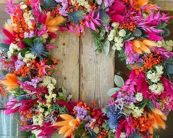 Dried wreath, door wreath "HUMBILE" colorful dried wreath