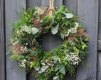 Fresh spring door wreath "Green-blue HARMONY", boxwood, eucalyptus,