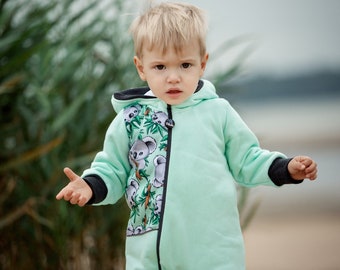 Kids overall/Cotton suit/ Bodysuit/Kids sweatsuit/Kids onesie/Long sleeve/Hooded/Warm/Baby suit -"MINT PANDA by Pilveke"