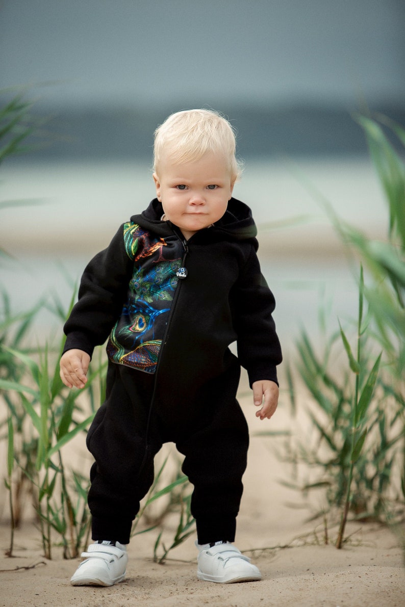 Kids overall/Cotton suit/ Bodysuit/Kids sweatsuit/Kids onesie/Long sleeve/Hooded/Warm/Baby suit BLACK FEATHER by Pilveke image 1