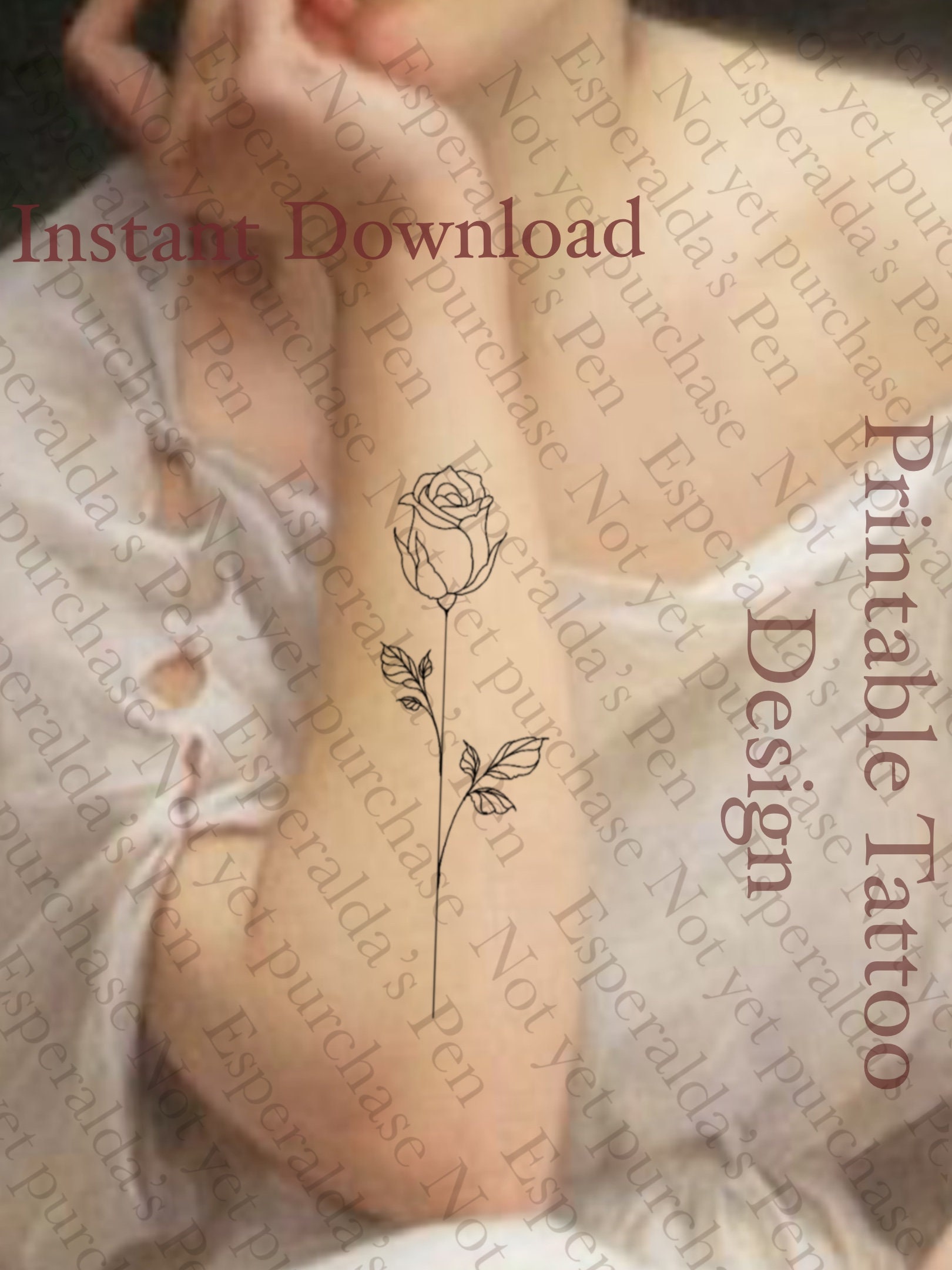 Printable Tattoo Design | Rose | Fine Line Delicate Stemmed Rose ...