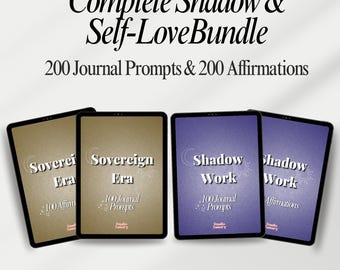 以下が含まれることがあります： 「Complete Shadow & Self-Love Bundle」と書かれた4つのタブレットを含むデジタル製品バンドル。タブレットには「Sovereign Era」と「Shadow Work」のタイトルが表示され、200のジャーナルプロンプトと200のアファメーションが含まれています。製品は4つのPDFとして利用可能です。