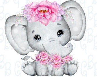 Baby Elephant Girl Pink Flowers Digital Download