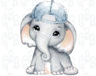 Baby Boy Elephant with Denim Hat Digital Download