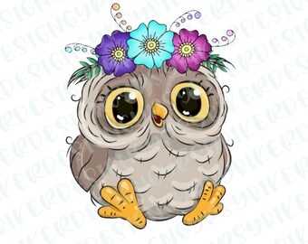 Baby Girl Owl with Bright Flowers Digital Download