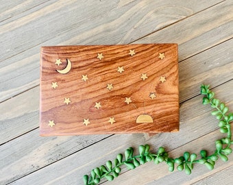 Celestial Brass Inlay Wooden Jewelry Box 4x6, Brass Inlay With Moon and Stars, Celestial Keepsake Box, Sun, Moon, Stars, Boho Trinket Box