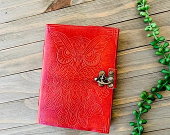 Owl Journal With Latch 5x7, Red Leather, Blank Journal, Unlined, Sketchbook, Grimoire, Book of Shadows, Unique Style, Unisex Gift