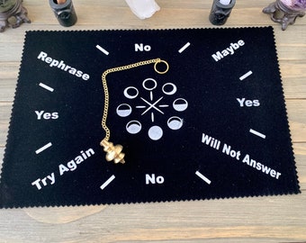 Moon Phases Pendulum Mat 12x8, Velvet Top, Altar Cloth, Black and White Pendulum Mat, Dowsing, Divination, Black and White