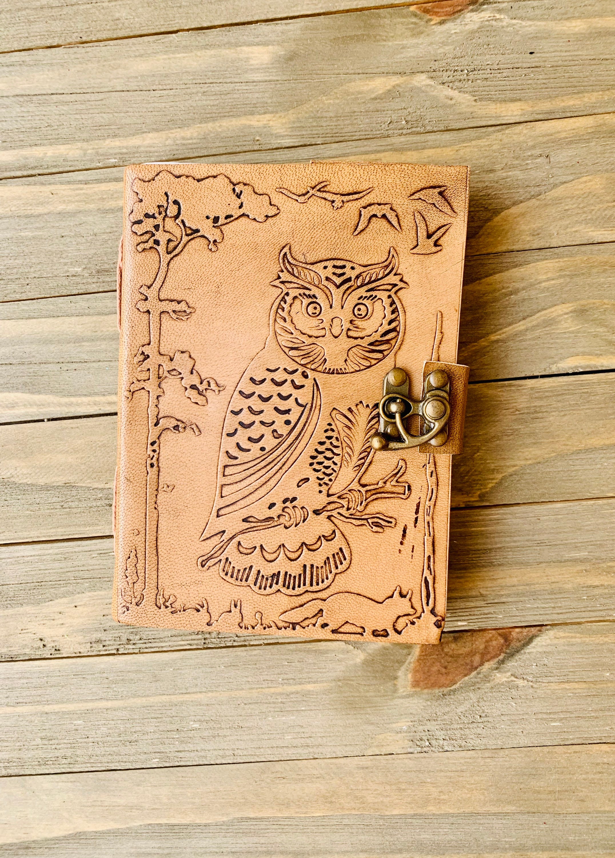Owl Leather Journal With Latch 5x7 Owl in the Jungle Journal Etsy