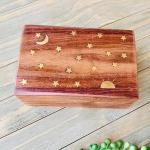 Celestial Brass Inlay Wooden Jewelry Box 4x6, Brass Inlay With Moon and Stars, Celestial Keepsake Box, Sun, Moon, Stars, Boho Trinket Box image 3