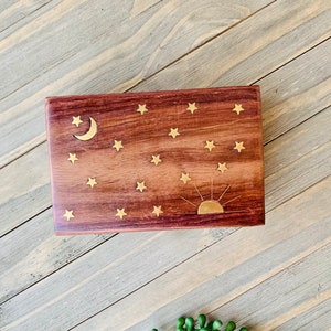 Celestial Brass Inlay Wooden Jewelry Box 4x6, Brass Inlay With Moon and Stars, Celestial Keepsake Box, Sun, Moon, Stars, Boho Trinket Box image 6