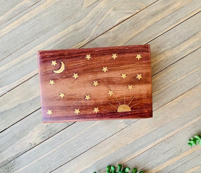 Celestial Brass Inlay Wooden Jewelry Box 4x6, Brass Inlay With Moon and Stars, Celestial Keepsake Box, Sun, Moon, Stars, Boho Trinket Box image 6