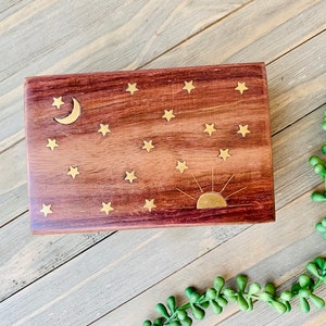 Celestial Brass Inlay Wooden Jewelry Box 4x6, Brass Inlay With Moon and Stars, Celestial Keepsake Box, Sun, Moon, Stars, Boho Trinket Box image 4