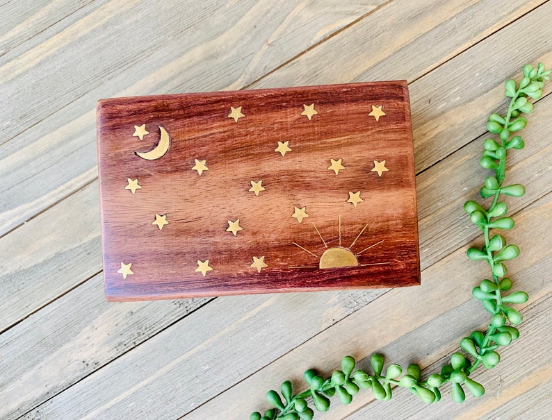 Celestial Brass Inlay Wooden Jewelry Box 4x6, Brass Inlay With Moon and Stars, Celestial Keepsake Box, Sun, Moon, Stars, Boho Trinket Box image 4