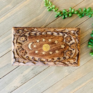 Celestial Inlay Jewelry Box 6.5”x4”, Brass Inlay, Floral Carved With Golden Brass Sun, Moon, and Stars, Keepsake Box, Tarot Card Storage