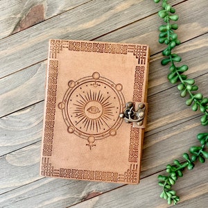 Moon Phase Leather Journal 5”x7”, Journal With Latch Closure, Moon Phases With Third Eye, Sketch, Unlined Journal, Grimoire, Book of Shadows