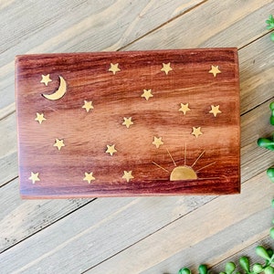 Celestial Brass Inlay Wooden Jewelry Box 4x6, Brass Inlay With Moon and Stars, Celestial Keepsake Box, Sun, Moon, Stars, Boho Trinket Box image 8