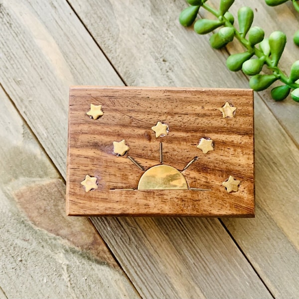 Small Celestial Brass Inlay Wooden Jewelry Box 2"x3"/Small Jewelry Box With Moon and Stars OR Sun and Stars/Wooden Jewelry Box/Keepsake Box