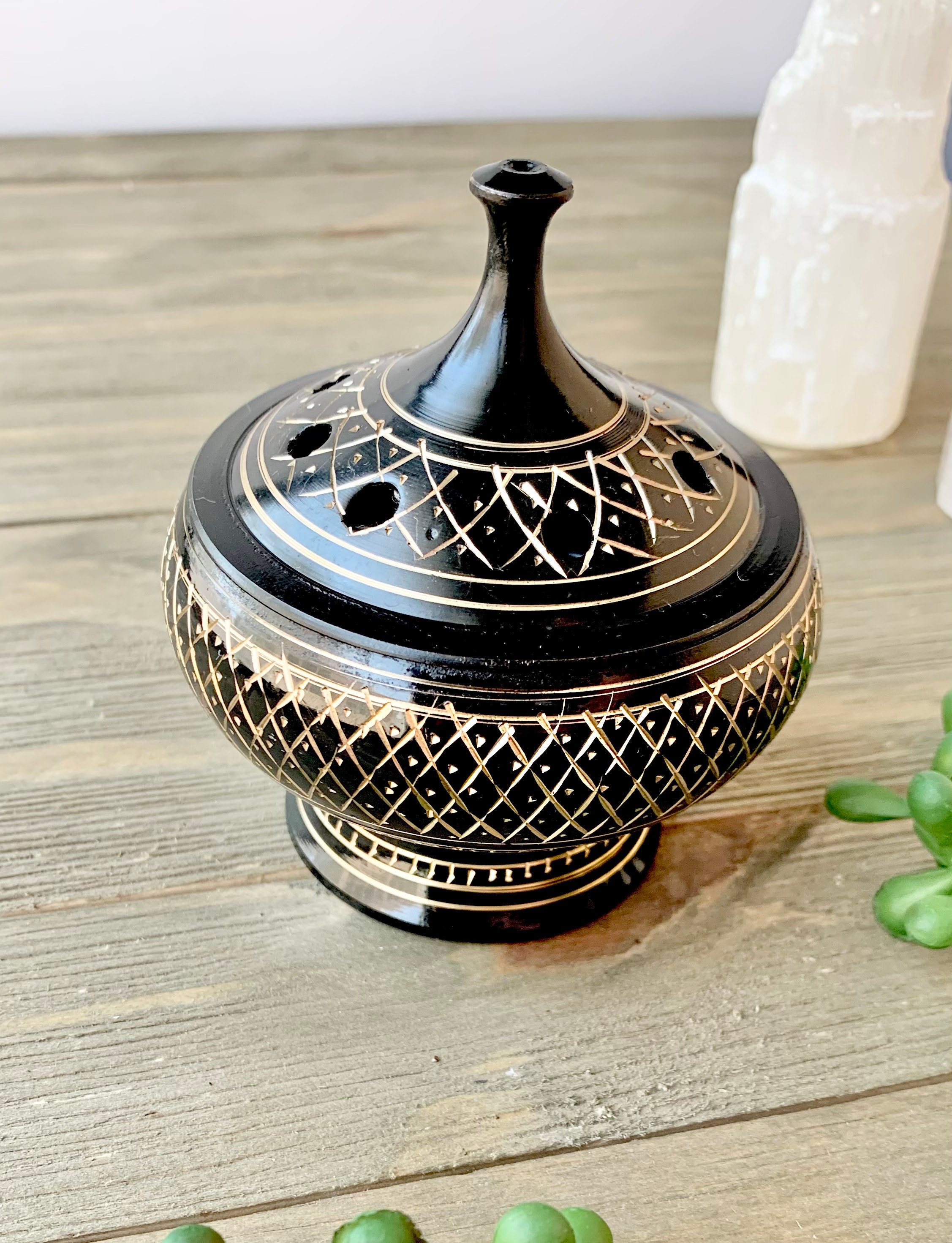 Brass Carved Incense Pot With Lid Heat Resistant Altar Pot Etsy