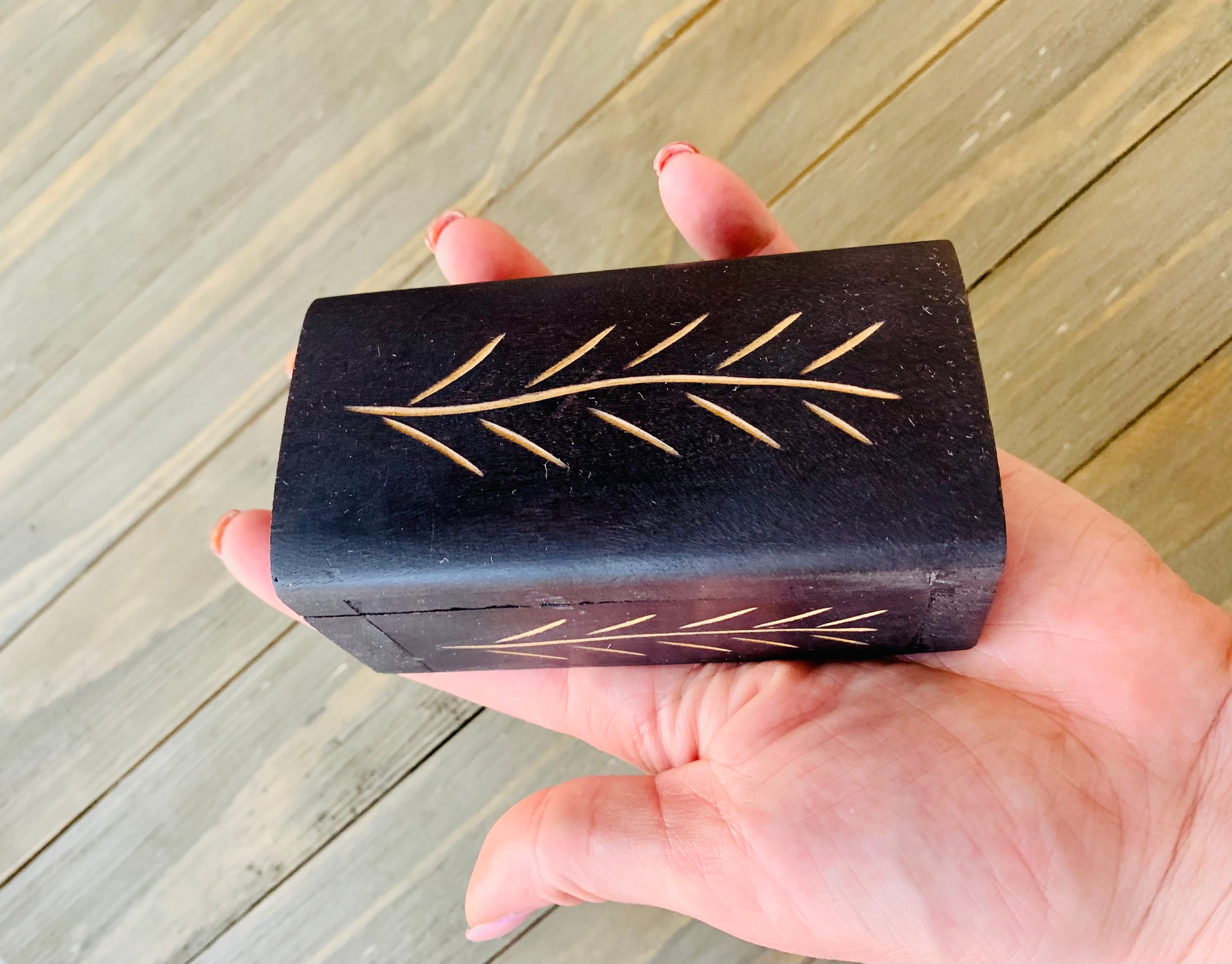 Small Black Jewelry Box 2x4 Jewelry Box Carved With Leaves Etsy