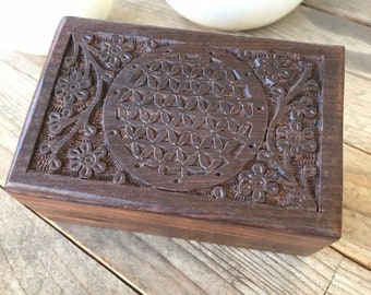 Flower of Life Jewelry Box 6”x4”, Keepsake Box, Wooden Jewelry Box, Hand Carved, Tarot Card Box, Trinket Box, Decorative, Floral Jewelry Box