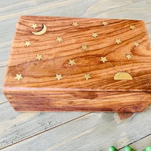 Celestial Brass Inlay Wooden Jewelry Box 4x6, Brass Inlay With Moon and Stars, Celestial Keepsake Box, Sun, Moon, Stars, Boho Trinket Box image 5