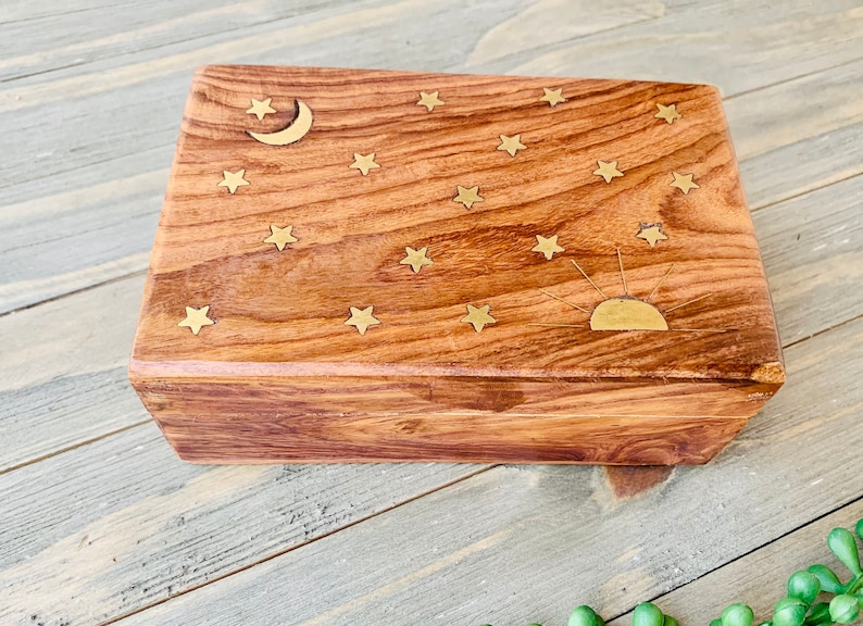 Celestial Brass Inlay Wooden Jewelry Box 4x6, Brass Inlay With Moon and Stars, Celestial Keepsake Box, Sun, Moon, Stars, Boho Trinket Box image 5