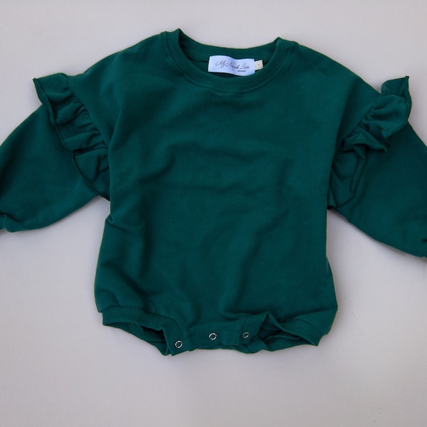 Organic Cotton Frill Toddler Sweater Bubble Romper Frill sleeve Soft Baby Clothes Oversized Romper With Frill Sleeve Emerald green 1 T 2T 3T