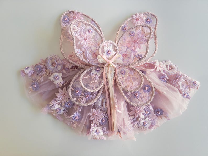 Baby Child Floral Fairy Wings dress up quality crafted wings handmade lace fairy wings kids parties pretend play 3D floral mystical zdjęcie 15