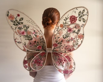 Adult Extra Large Floral Embroidery Fairy wings Hand Crafted High Quality Wings Double Wing Dress Up Parties Fairy Costume Pinks Floral