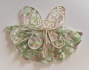 Alas de hada florales para bebés y niños, alas de calidad para vestir, alas de hada de encaje hechas a mano, fiestas infantiles, juego de simulación, falda tutú de lentejuelas verdes