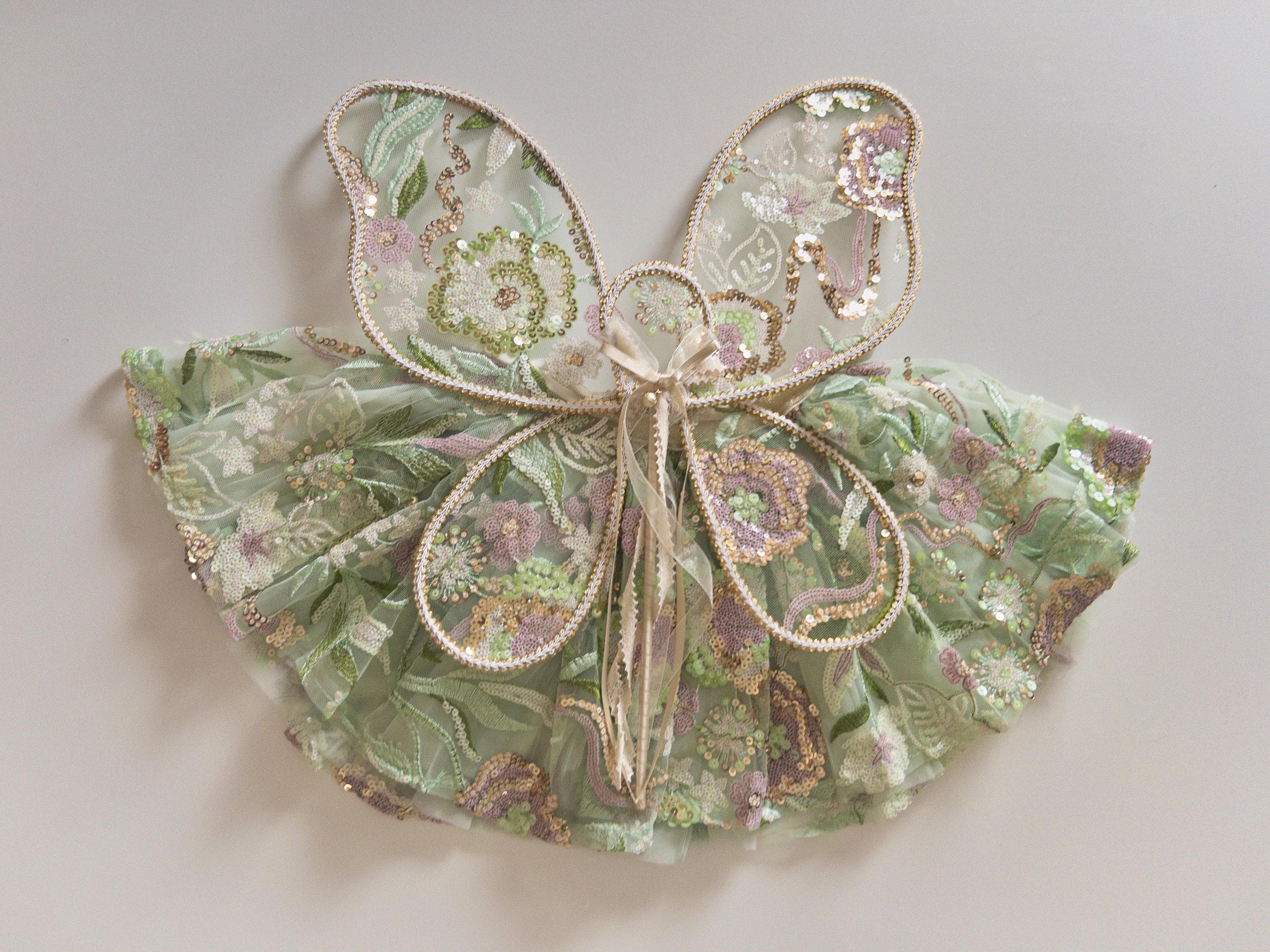 Baby & Child Floral Fairy Wings dress up quality wings handmade lace fairy wings kids parties pretend play Green sequin skirt tutu