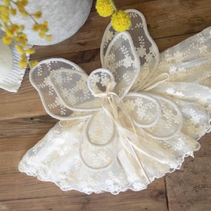 Könnte beinhalten: Ein weißes Spitzen-Schmetterlingsflügel-Kostüm mit einem zarten Blumenmuster. Die Flügel sind geschichtet und haben einen weichen, ätherischen Look.