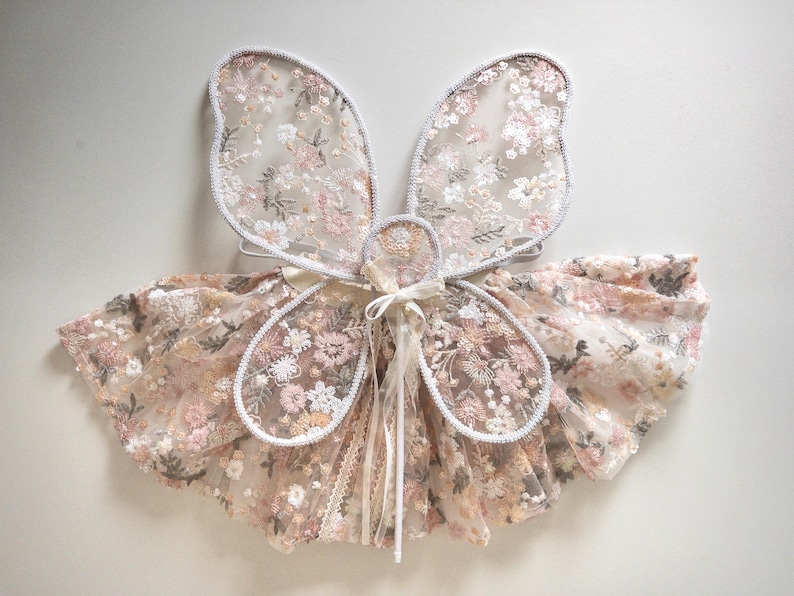 May include: A set of fairy wings and a matching skirt made from sheer fabric with an intricate floral embroidery pattern in shades of pink, white, and beige. The wings feature a white trim, and the skirt is gathered with a ribbon tie at the center.