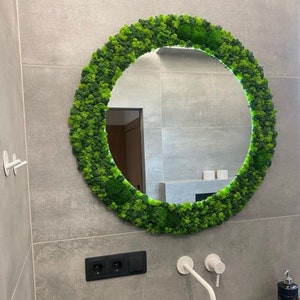 Round moss wall mirror Framed circle mirror with moss Led round moss mirror Oversized moss wall art Large round bathroom wall mirror