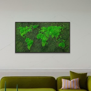 Mos wereldkaart kunst aan de muur Aangepaste houten wereldkaart met geconserveerd mos Gestabiliseerde mos kunst aan de muur Moss muur reiskaart hangende decoratie