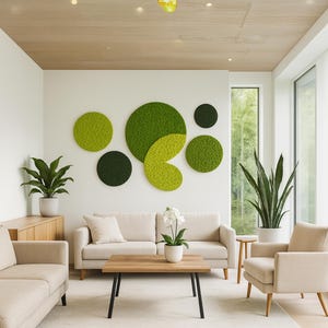 Modern Moss Wall Art  Round Green Preserved Moss Circles for Scandinavian & Biophilic Interior Design  Eco-Friendly Natural Wall Decor