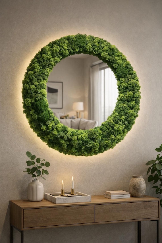 Luxury Round Wall Mirror with Preserved Moss – Biophilic Designer Decor, LED Option