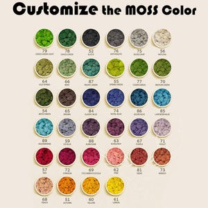 May include: A color chart titled "Customize the Moss Color" displays 30 moss colors in circular arrangements. Colors range from greens and blues to purples and yellows, each labeled with a number and a descriptive name. The text is in black.