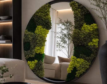 Moss Mirror Wall Decor, Large Round Mirror with Preserved Moss, Modern Organic Bathroom Mirror, Luxury Biophilic Wall Art, LED Moss Mirror